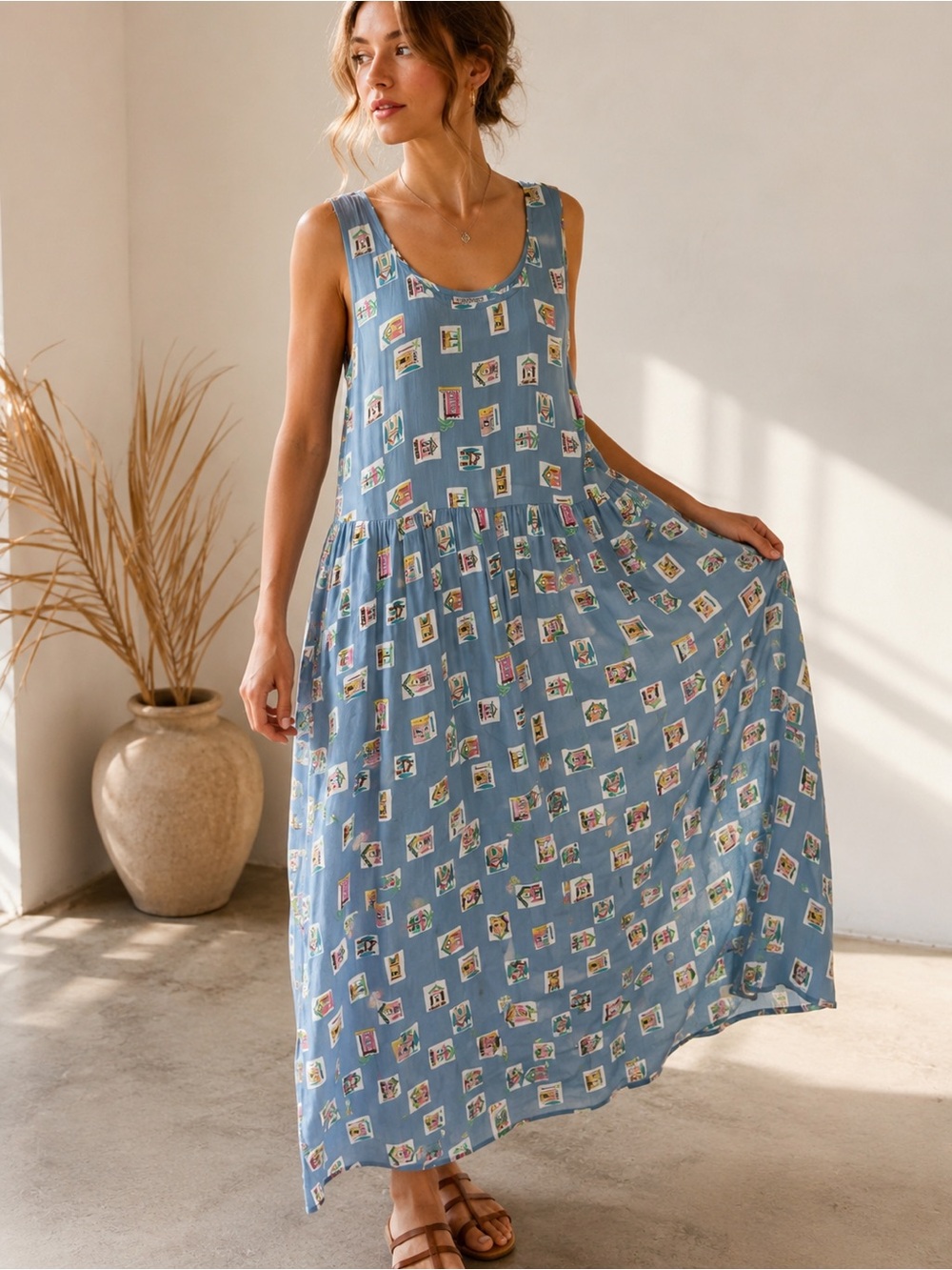Vintage Putumayo Blue House Print Maxi Dress with Pockets Size Medium